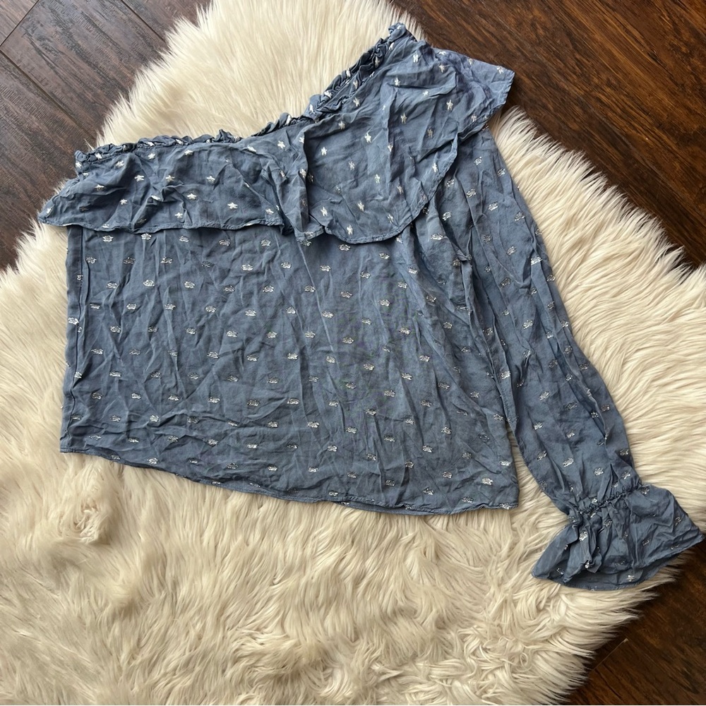 Studio F Silver Foil Blue One-Shoulder Top